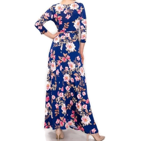 Janette Fashion Navy Blue Pink Floral Faux Wrap Maxi Dress - Picture 3 of 3